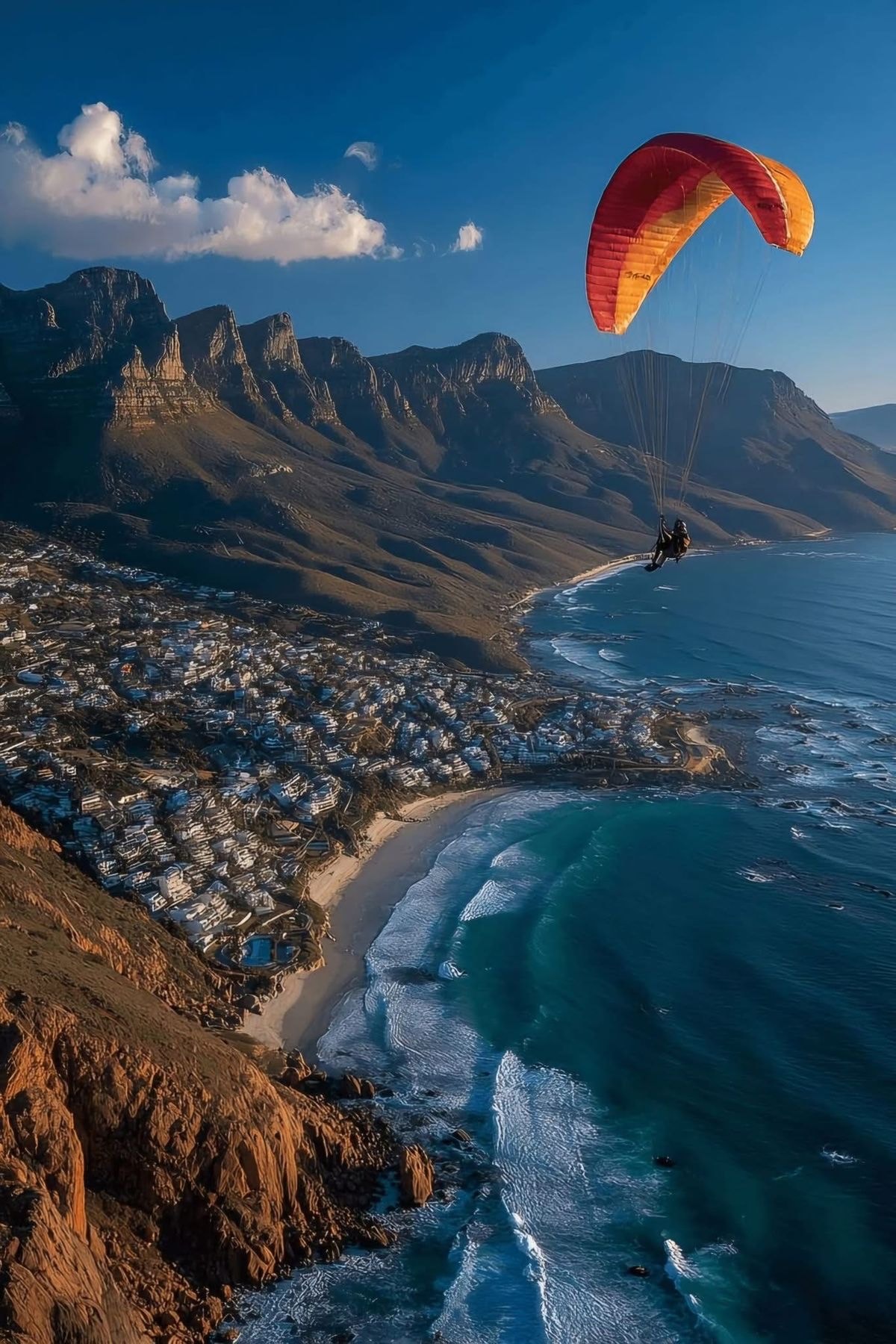 A paraglider high over Camps Bay in late light, the Twelve Apostles running away behind and the bay curving below