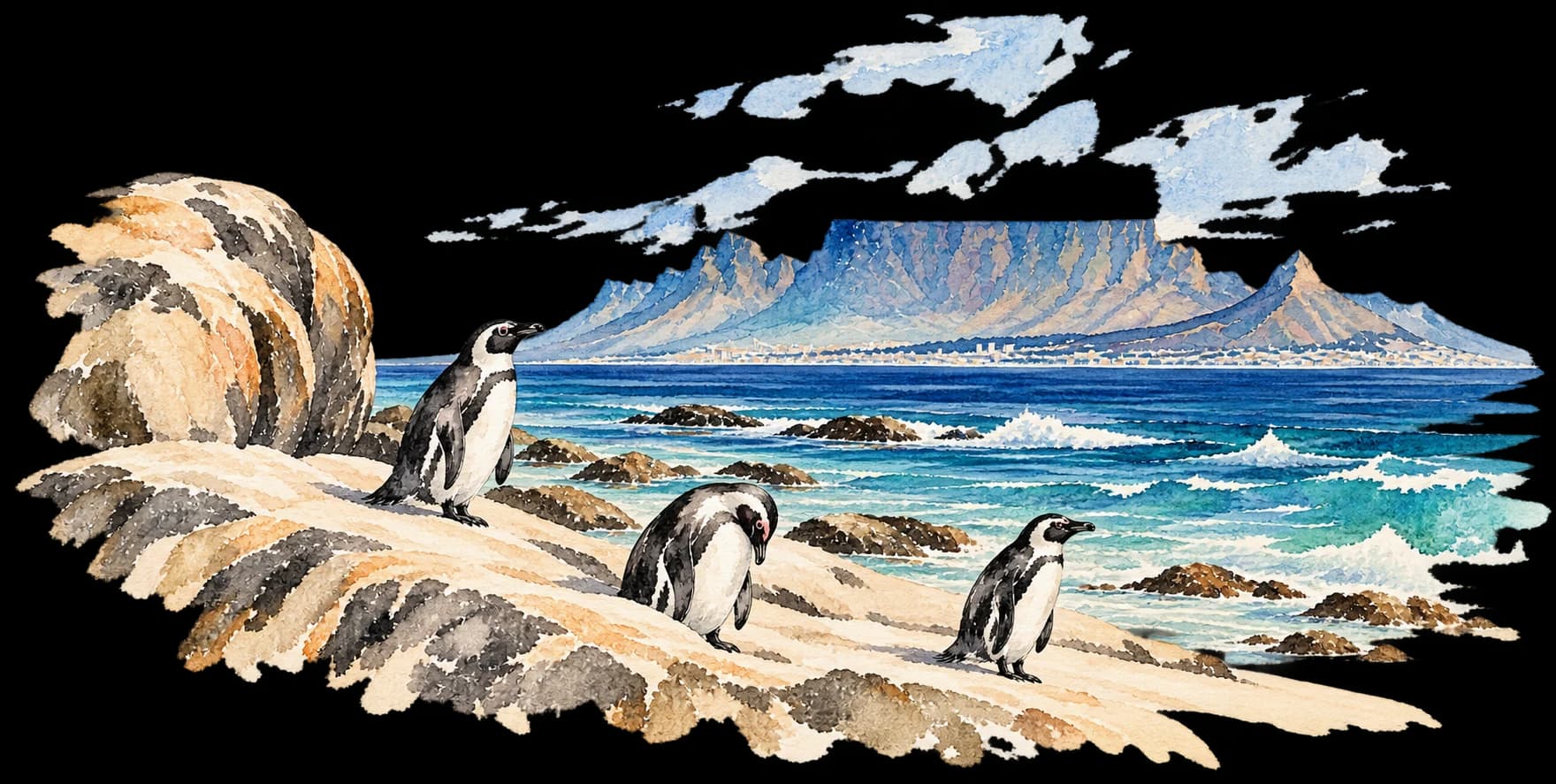 A watercolour of penguins on the rocks at Boulders, the sea beyond them and Table Mountain across the bay